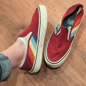Vans Red Slip-On Shoes with Multicolor Stripes